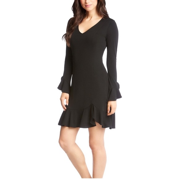 Karen Kane Dresses & Skirts - Karen Kane Black Sienna Dress Ruffle Hem Bell Sleeves V-Neckline